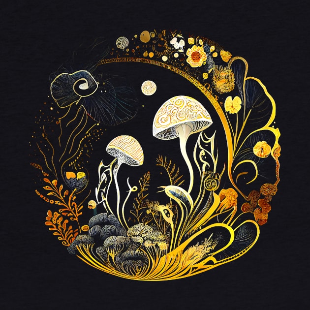 Round Floral Mushroom Artwork Golden by Unelmoija